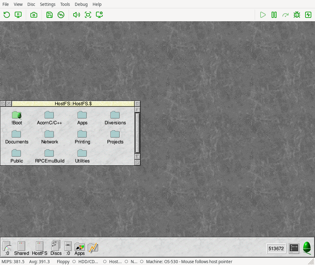The RISC OS 5 desktop in RPCEmu Extended, with a Filer window open on the HostFS disc showing folders for Apps, Documents, Diversions and Projects. The emulator's status bar reads 381.5 MIPS.