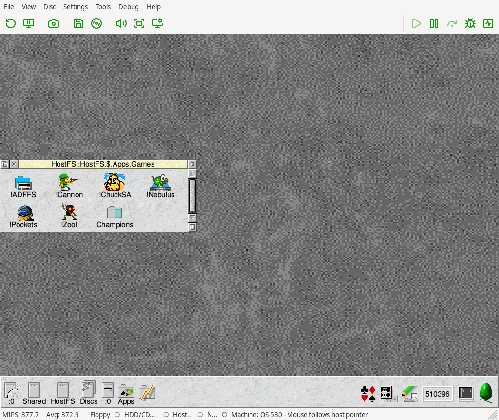 A RISC OS Filer window titled Apps.Games containing application icons for ADFFS, Cannon, ChuckSA, Nebulus, Pockets, Zool and a Champions folder.