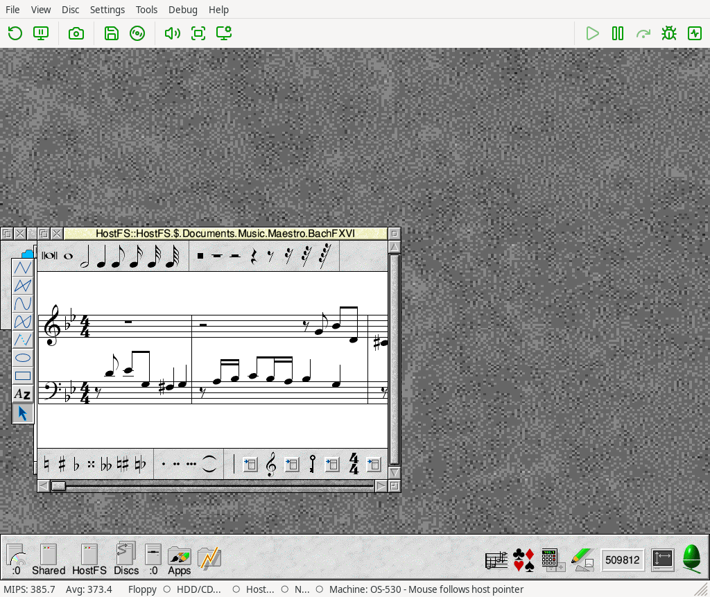 Maestro, the RISC OS music notation program, open on a Bach score inside RPCEmu Extended, with its tool palettes above and below the stave and a Filer window behind it.